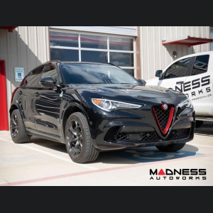 Alfa Romeo Stelvio Front V Shield Grill Frame + Emblem Frame Kit - Carbon Fiber - Red Candy - QV Model